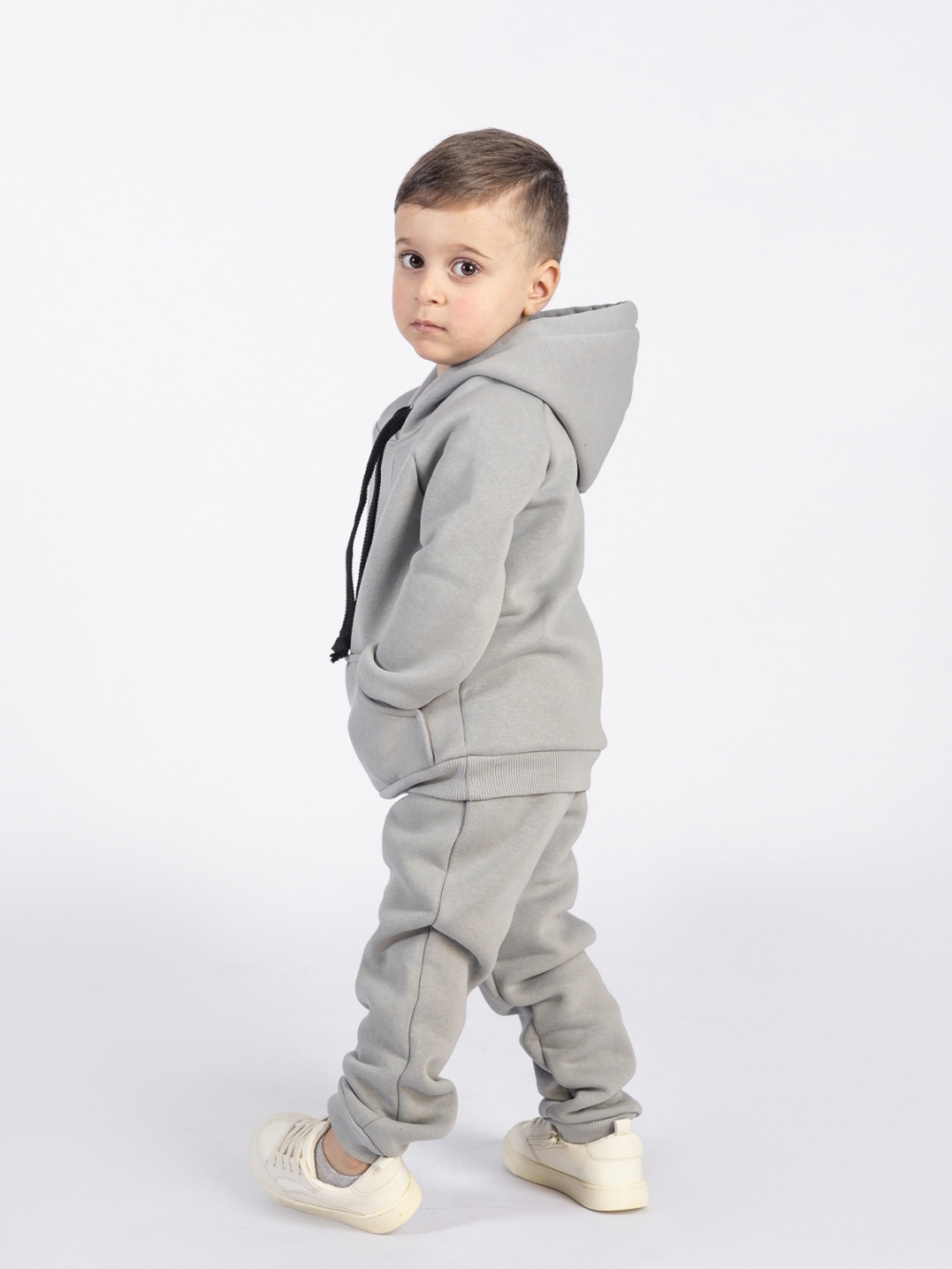 296-С. Свитшот с капюшоном  + Штаны, хлопок 65%, 35% ПЭ, 3-х нитка (начес) серый  122,128,134,140