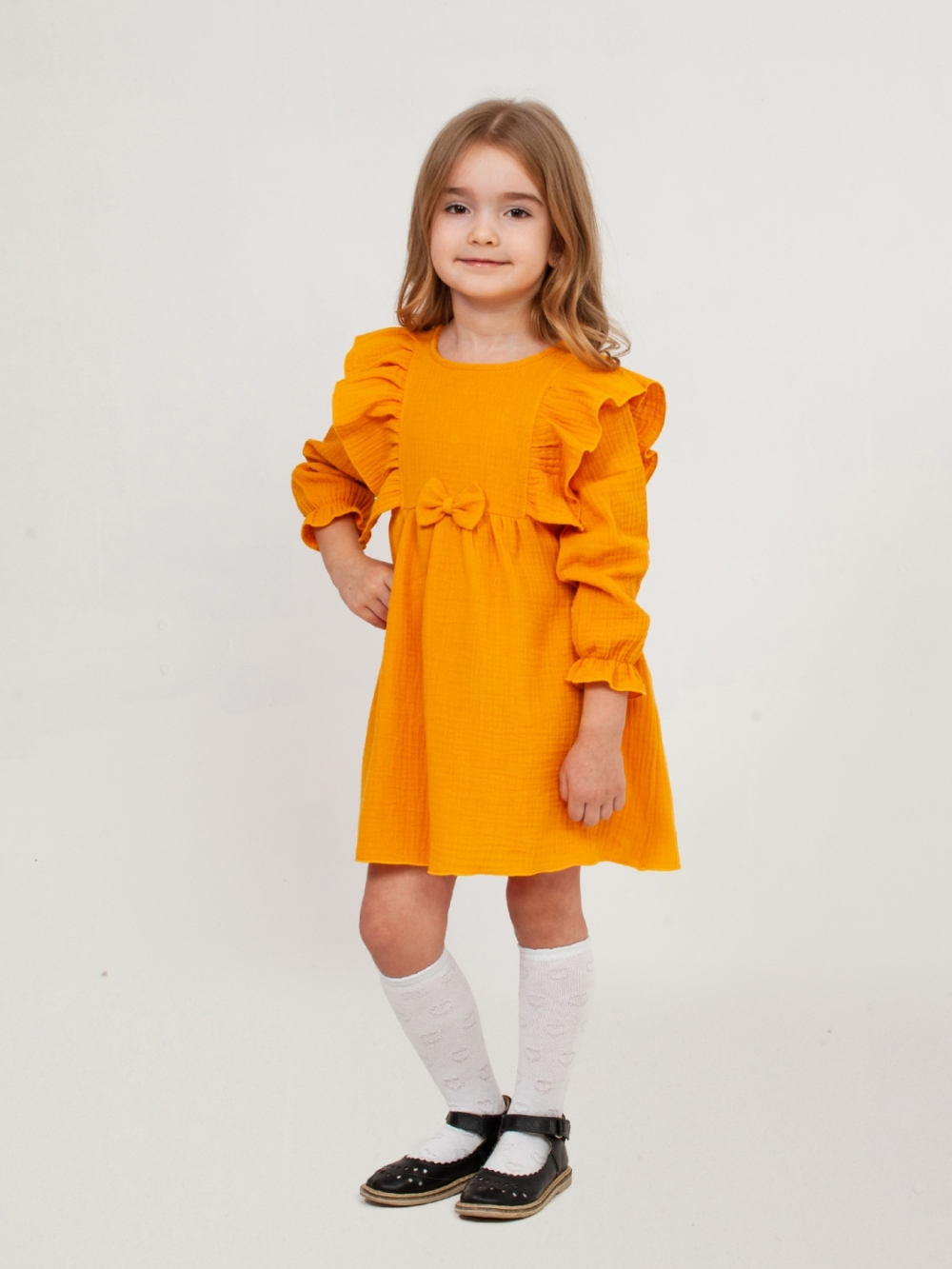 321-Я. Платье из муслина детское, хлопок 100% янтарный, р. 74,80,86,92