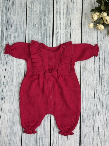 Купить оптом 337-Ф. Комбинезон с бантом для девочки из муслина, хлопок 100%, размеры 56,62,68, фуксия в Камышине